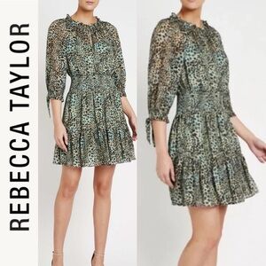 Rebecca Taylor Lynx Silk Burnout Smocked Long Sleeve Leopard Print Dress